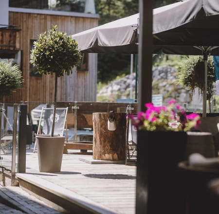 Terrasse mit Pflanzen und Möbeln, Holz und Glasstruktur